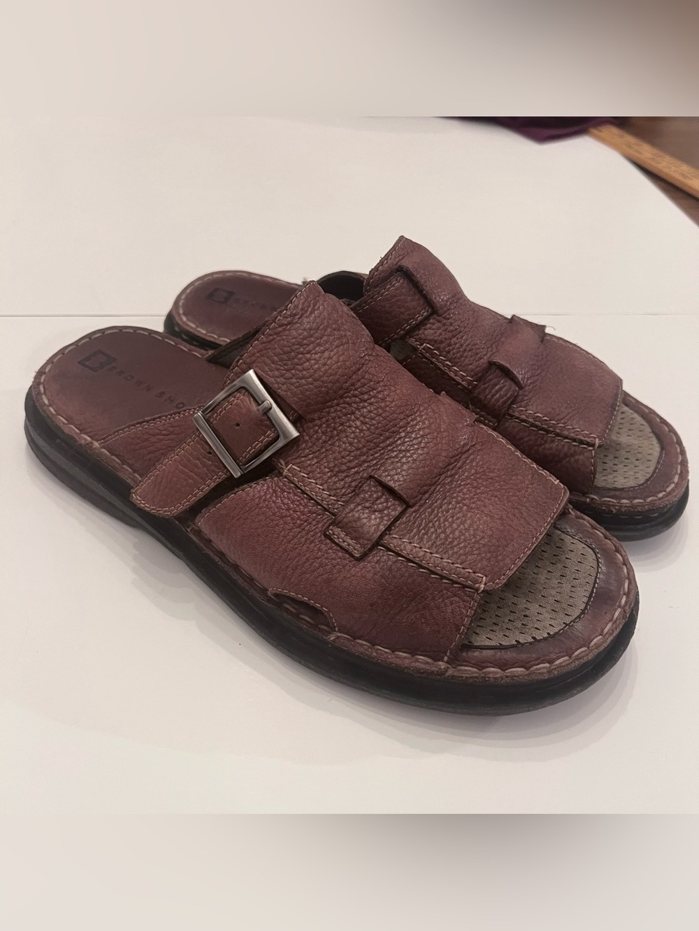 Men's Brown Leather Slide Sandals with Buckle Strap